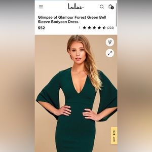 Glimpse of Glamour Forest Green Bell Sleeve Bodycon Dress size small NWT